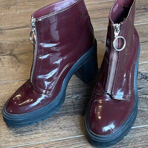 NWT Forever 21 Burgundy Patent Grunge patent combat Military zip up heel boots 7